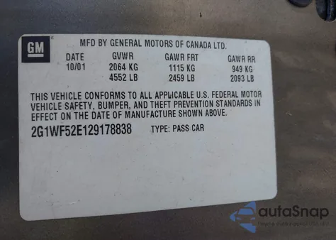 2002 Chevrolet Impala Ls from USA, damaged, VIN 2G1WH55K929207174